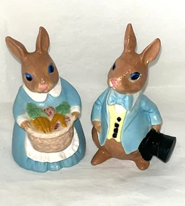 Vintage Easter Bunny Couple Mr. & Mrs. Rabbit Hand Painted Ceramic Figurine Pair - Picture 1 of 8