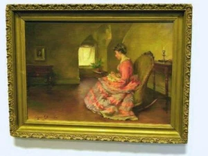 Ölgemälde "Dame im Schaukelstuhl" von Edgar J Bissell - Bild 1 von 11