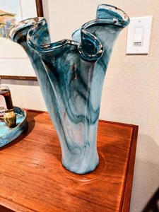 Murano Vase Hand Blown Art Glass Handkerchief Ruffle Italian MCM Swung Vibe 16" - Picture 1 of 12