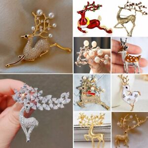 Fashion Christmas Brooch Pin Crystal Pearl Elk Deer Animals Jewelry Women Gift