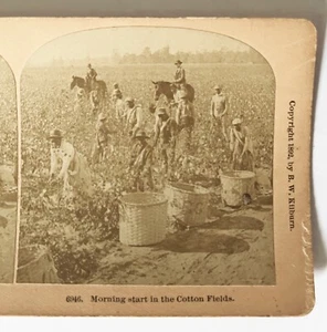 Antik 1892 B.W. Kilburn Stereoview Karte, Morgenstart auf den Baumwollfeldern - Bild 1 von 3