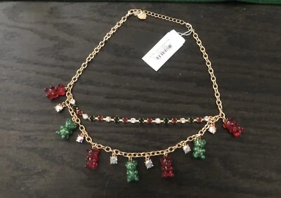 Betsey Johnson Christmas Gummy Bear Charm Necklace With  Rhinestones RED/ GREEN - Image 1 of 4