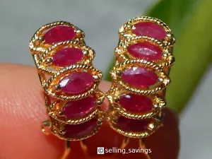 14K YELLOW GOLD 1.50 TCW RUBY THREE TIER 6/10th INCH OMEGA BACK EARRINGS - Picture 1 of 11