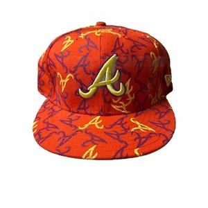 Atlanta Braves Hat New Era 59Fifty All Over Print Baseball Cap Orange 7 5/8 New - Picture 1 of 17