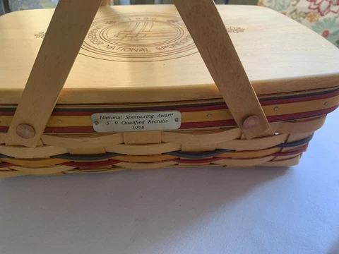 Longaberger 1998 Small GATHERING NATIONAL SPONSORING AWARD Basket/Lid Sign Dave Cover