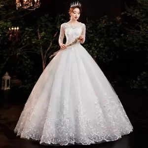 Wedding Dresses O-neck Lace Appliques Tulle Bride ball Gown Floor Length - Picture 1 of 8