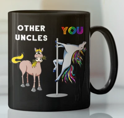 Gay Uncle Guncle rainbow Unicorn pole dancing coffee mug, Gift from niece nephew - Image 1 of 2