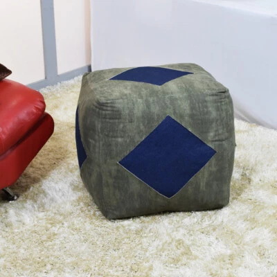 Vintage Handmade Canvas Square Pouf in Green Blue Color 18x18x18 Inch BBH Homes - Image 1 of 4