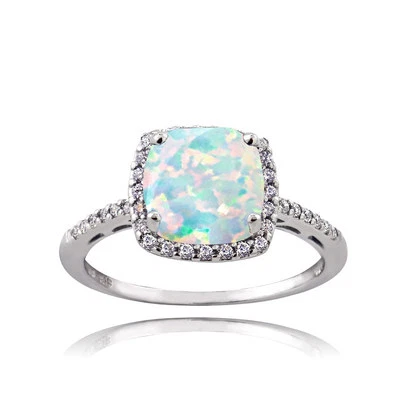 Sterling Silver Created Opal and Cubic Zirconia Cushion-Cut Halo Ring - Image 1 of 3
