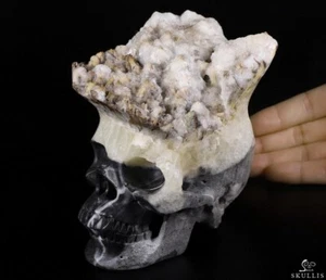 Huge 5.1" Quartz Rock Crystal Druse Carved Crystal Skull, Super Realistic - Picture 1 of 9