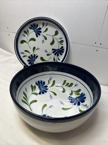 Dansk Sage Song Blue Floral Green Leaves Large Ceramic Serving Bowl And Snack Pl - Picture 1 of 13
