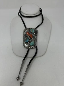 Mens sterling silver turquoise and coral bolo tie - Picture 1 of 13