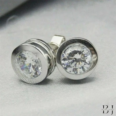 2 TCW Round Cut Moissanite Bezel Wedding Earring Solid 14K White Gold For Women - Image 1 of 4