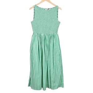 J.Crew Factory gesmoktes Baumwoll-Midikleid U-Boot-Ausschnitt grün gestreift Größe Small neu mit Etikett - Bild 1 von 7