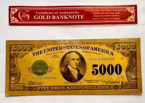 1928 $5000 James Madison Federal Reserve Gold Foil Banknote Protective Holder - Picture 1 of 3