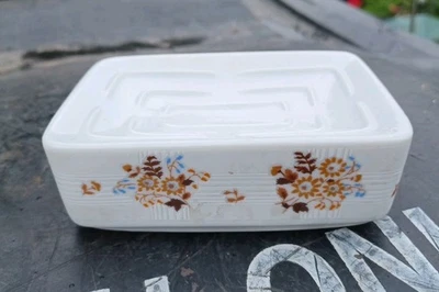 Saboneteira de porcelana Ames vintage década de 1950 Japão azul laranja marrom florais no branco - Imagem 1 de 4