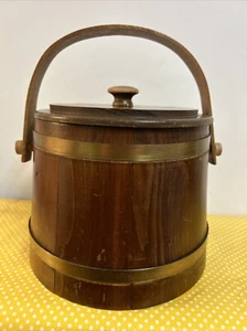 Vintage Wood Shoe Shine Wooden Bucket Pail Round Barrel Lid Handle Gold Bands - Picture 1 of 13