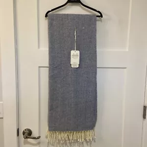 VILLA FIRENZE COLLECTION BLUE HERRINGBONE WOOL BLEND OVERSIZED THROW BLANKET - Picture 1 of 7
