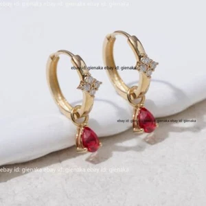 Real Pure 18K Yellow Gold Natural Ruby Diamond Earrings Circle Hoop Women - Picture 1 of 9