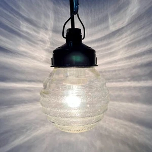 Soviet Industrial Pendant Hanging Jar Lamp Rippled Glass & Bakelite Fixture USSR - Picture 1 of 10