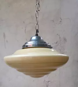 1940's Art Deco A.G.E. Yellow Glass Ceiling Light Shade w Green Lines & Fitting - Picture 1 of 13