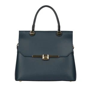 Woman Genuine Smooth Leather handbag tote Navy Blue Made in Italy - Picture 1 of 3