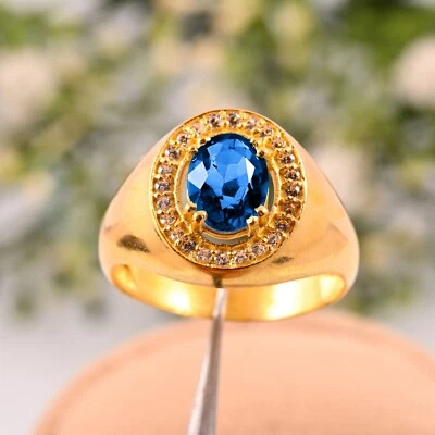 Anel masculino de ouro amarelo sólido 14K, topázio azul natural de Londres AAA+ presente facetado. - Imagem 1 de 3