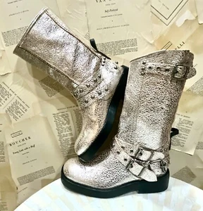 Free People We The Free Janey Engineer Boot Silver Metallic Crackle 37/ 7 NEW - Picture 1 of 9