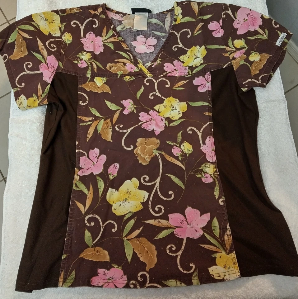 Cherokee Scrub Top, Large, Brown with Flowers, Pre-owned  - Image 1 of 1