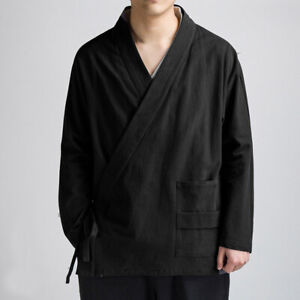 Men Retro Linen Shirt Tops Tang Suit Jacket for Martial Art Kung Fu Coat Tai Chi