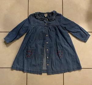 BONTON Denim Dress, Button Up, Long Sleeve, Pockets With Pink Flower Hearts, 4 - Picture 1 of 4
