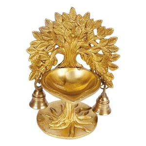 Brass Kalpavriksha Tree Diya with Bells Table Oil Lamp Diwali Deepak 7 Inch - Picture 1 of 6