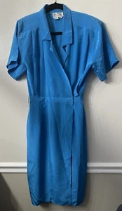 VTG Silk Studio 100% Silk Midi Wrap Dress Royal Blue 10 Petite Short Sleeve 80s - Picture 1 of 10