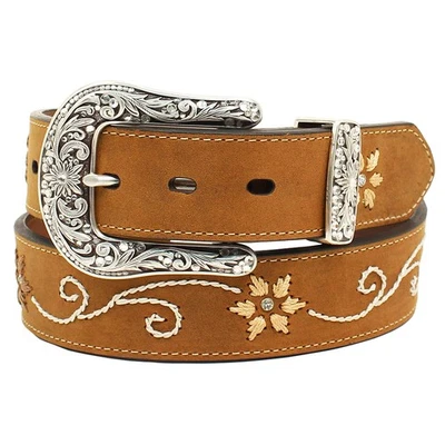 51MF Nocona Womens Belt Genuine Leather Floral Stitched Brown - Image 1 of 2