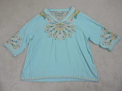 Túnica feminina Soft Surroundings River Island bordada 1X camisa azul fluida - Imagem 1 de 4