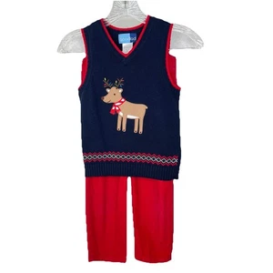 Holiday Reindeer Embroidered Sweater Vest Red Corduroy Pant 2 Piece BUNDLE Sz 6 - Picture 1 of 14