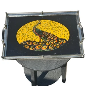Mid-Century Peacock Glass & Chrome Serving Tray - Picture 1 of 4