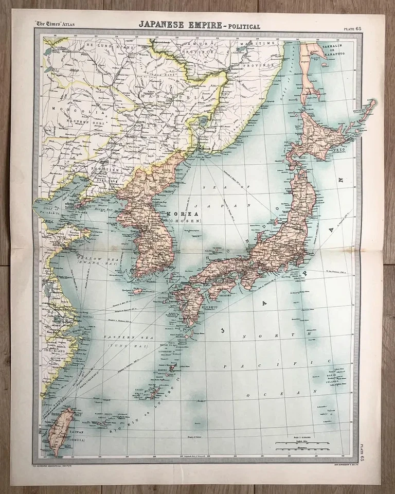 JAPAN & KOREA-JAPANESE EMPIRE - 1922 TIMES ANTIQUE FOLDING MAP by Bartholomew - Image 1 of 1