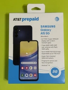 AT&T Samsung Galaxy A15 5G, 64GB, Blau Schwarz - Prepaid Smartphone - Neu Versiegelt - Bild 1 von 2