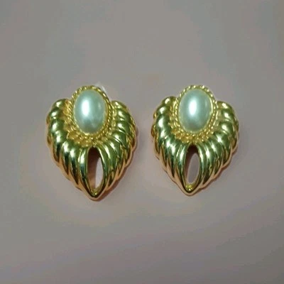 Clips para zapatos Bluette vintage tono dorado con cabujones blancos ovalados joyas coleccionables Foto 1 de 3