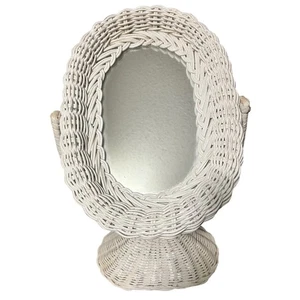 Specchio vanità vintage in vimini bianco ovale rattan arredamento shabby chic 17" - Foto 1 di 6