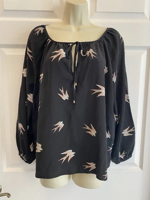 Yumi Kim 100% Silk Black Blouse Women’s Bird Print Asian Peasant Boho Top Sz L - Image 1 of 4