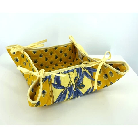 Quilted Bread Basket French Provincial Yellow Blue Reversible Serving Basket NEW Cover