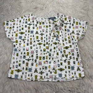 Modcloth Women's M Beetle Bug Print Blouse Top Tie Neck White Green - Picture 1 of 7