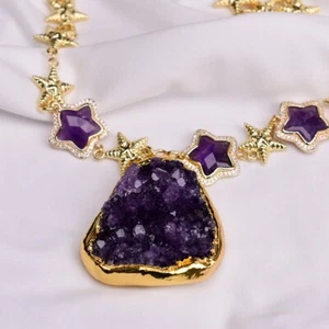 Urugual Original Amethyst Quartz Rough Nugget Pendant Stars Chain Women Gifts - Picture 1 of 5