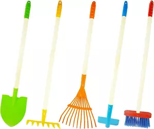 Kids Shovel, Rake for Leaves, Spade, Hoe and Broom, 5 Pieces Garden Tools for Ga - Picture 1 of 8