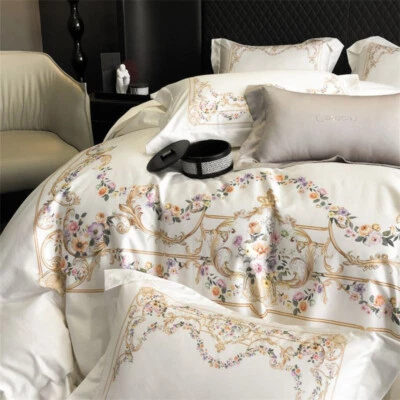 Bedding Set 4pcs Luxury Pure Cotton Embroidery Duvet Cover Flat Sheet Pillowcase - Image 1 of 4