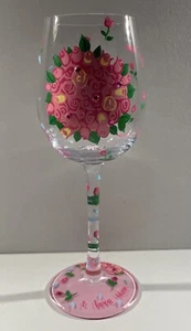 Santa Barbara LOLITA "I Love Mom" Hand Painted WINE GLASS Flowers Mother’s Day - Picture 1 of 10