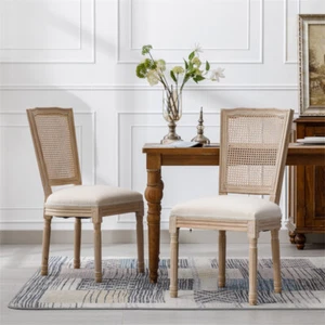 Set of 2 French Style Solid Wood Frame Linen Fabric and Rattan Back Dining Chair - Picture 1 of 13