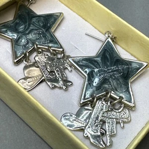 VTG 80's Western Star Cowboy Hat Boot Enamel Pierced Saddle 2” Dangle Earrings - Picture 1 of 9